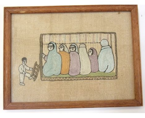 Set of silk embroidered pictures on linen of Indian/Eastern scenes to include carpet weavers and fishermen cooking, etc. 