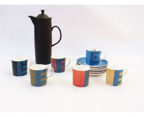 Susie Cooper bone china coffee service "Pennant" C2151 pattern, six person and similar coffee pot, black basalt type