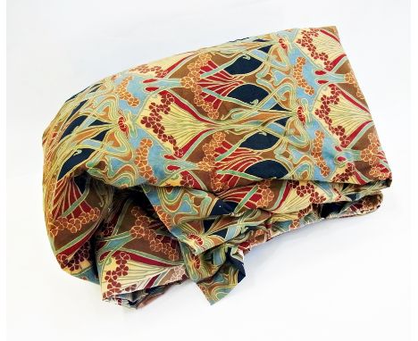 Three Liberty print curtains, lined and interlined, different lengths and a crocheted tablecloth (1 box) 