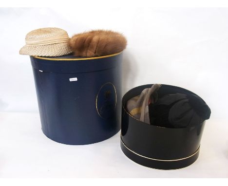 Mid 20th century lady's black velvet and embroidered hat in black, orange and white, with embroidered floral panel, two mink 