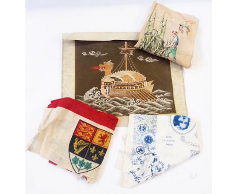 Chinese machine embroidered picture, unframed, Australian flag with coats of arms, 20th century souvenir scarf from Barcelona