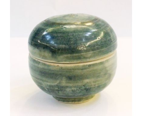 Trevor Corser (b.1938) Leach pottery, studio circular lidded jar, blue glaze of concentric circles, impressed monograms to ba