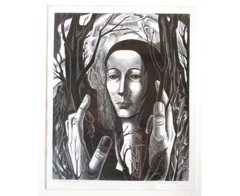 Monica Poole (1921-2003)
Wood engraving 
"Winter Wood", figure peering through branches, 6/25, signed, labelled and dated in 