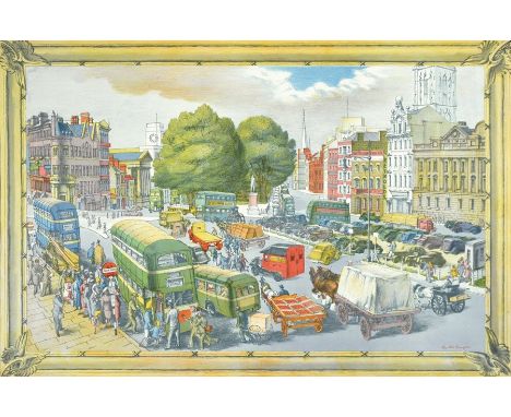 Phyllis Ginger (1907-2005) 
Colour lithograph 
"Town Centre", First Series No.7 (1937-1938), showing busy city streets with b