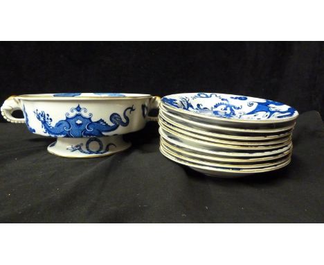 A Royal Worcester Porcelain dessert service, in Blue Dragon pattern, comprises fruit bowl with elephant head handles, 31.5cm 