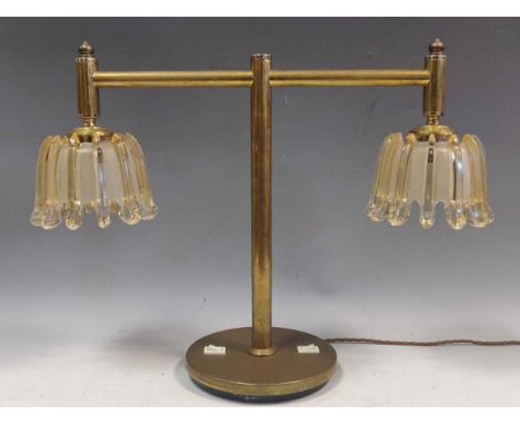 A brass desk lamp with glass shades, 40cm high and 56cm wide