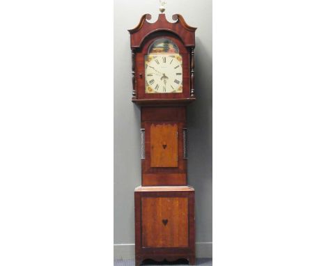 A longcase clock marked 'Blakeborough' painted with a countryside scene and flowers to the face, and heart shaped inlays to t