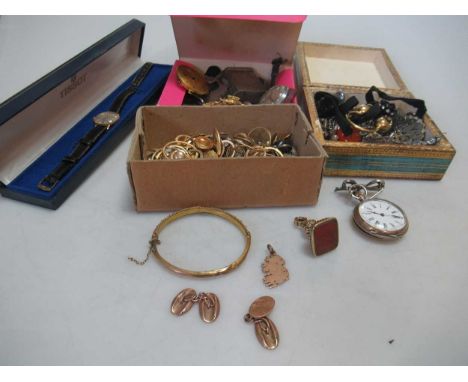 A collection of assorted costume and silver jewellery and accessories, together with a hallmarked 9ct gold bangle and a pair 