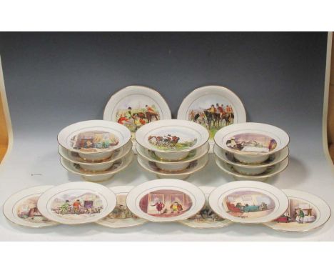 An early 20th century Wedgwood porcelain dessert service, each plate decorated with hunting and society scenes, comprising ap