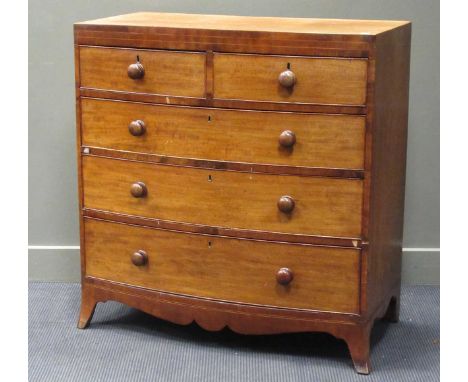 A 19th century mahogany and inlaid chest of two short over three long drawers on short outswept feet, 107 x 102 x 55cm