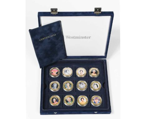HM The Queen's Diamond Jubilee 2012 set of 12 gold plated portrait medallions by Westminster, cased; also 6 other proof type 