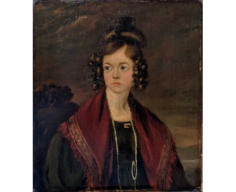 Scottish School, 19th centuryportrait of a lady wearing a burgundy shawl with a landscape beyondoil on board, unframed26 x 22