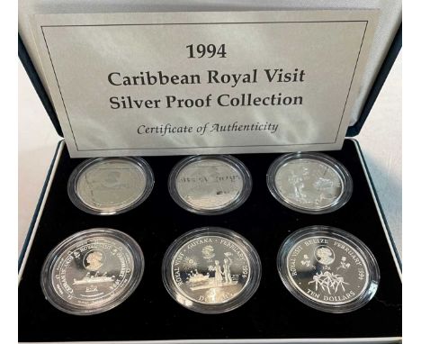 Royal Mint Caribbean Royal Visit 1994, six coin silver proof collection, cased with certificate