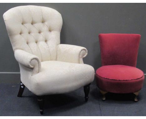 A modern button back armchair upholstered in a white damask fabric 102 x 76 x 70cm together with a low bedroom chair on short