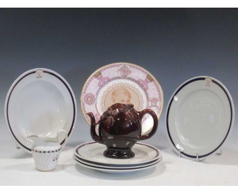 A Brameld treacle glazed cadogan teapot, five Graingers Worcester bowls and plates, a hunting themed plate, a Victorian shape