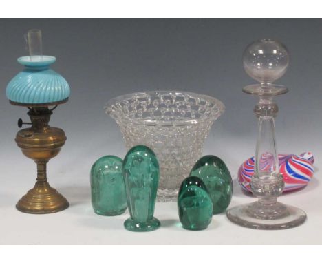 Four Victorian glass dump paperweights, a glass lace maker's lamp, a lattice glass fruit bowl etc.