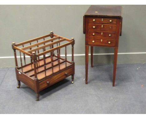 A 19th century mahogany canterbury 77 x 37 x 50cm, a Regency drop flap sewing table, with stamped serial number '7583'This it