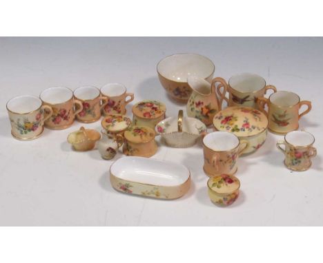 A collection of Royal Worcester blush ivory miniature items, to include four mugs, pin dish, two two-handled mugs, two tygs, 