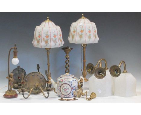 A collection of brass lamps and fittings, including a pair of glass shades, ceramics teapot and brass candle stick (qty)Rubbi