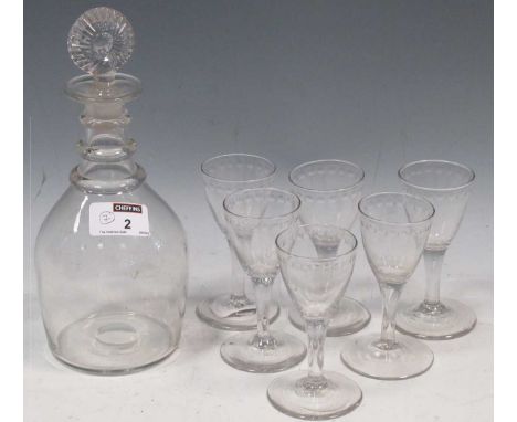 A glass tipple necked decanter and six glasses