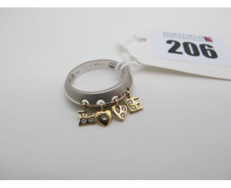 A Modern Diamond Set 'LOVE' Ring, of two colour articulated design, stamped "750" (finger size L) (4grams). 