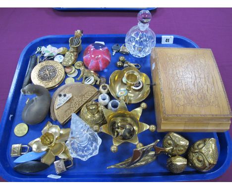 Brass Ware, trinkets, semi circular powder compact, scent bottles, hat pins etc :- One Tray 