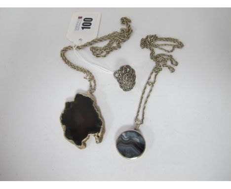 A Hallmarked Silver Banded Agate Circular Pendant, on a chain; together with a hallmarked silver mounted agate slice pendant 