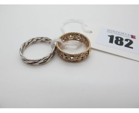A 9ct Gold Patterned Band, with pierced detail (finger size M); together with another ring. (2) 