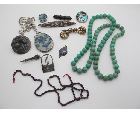 Vintage Costume Jewellery, including Theodor Fahrner brooch (enamel loss), a micromosaic bar brooch (lacking pin), blue and w