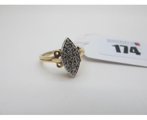 A 9ct Gold Diamond Set Marquise Cluster Ring, millegrain set between pierced shoulders and reeded band, stamped "0.14" (finge
