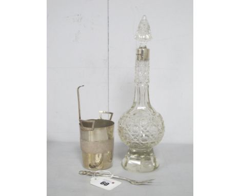 A Victorian Hallmarked Silver Mounted Cut Glass Scent Bottle / Decanter, 25cm high; together with a plated pot with glass lin