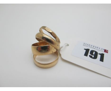 Four Bands, stamped "375" (finger sizes K, N, O) (7.4grams). (4) 