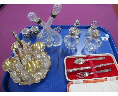 Hallmarked Silver Mounted Glass Condiment Bottles, a double cruet bottle (damage / repair), two hallmarked silver lidded pots