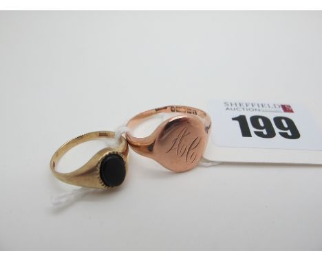 A 9ct Gold Signet Ring, initialled (finger size S / misshapen); a smaller signet style ring, stamped "375" (finger size L). (