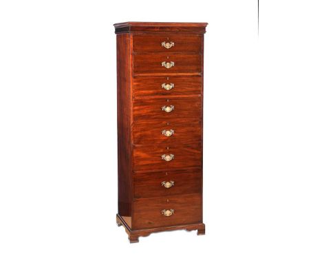 MAHOGANY TALLBOY EIGHT DRAWER CHEST WITH BRASS DROP HANDLES.RAISED ON BRACKET FEET.HEIGHT: 76 INCHES.WIDTH: 29 INCHES.DEPTH: 