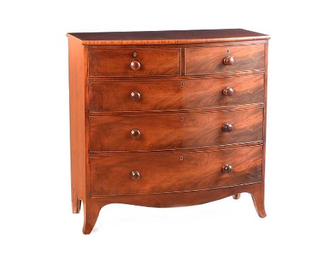 VICTORIAN MAHOGANY BOW FRONT TWO OVER THREE CHEST OF DRAWERS.RAISED ON BRACKET FEET.HEIGHT: 42 INCHES.WIDTH: 42 INCHES.DEPTH: