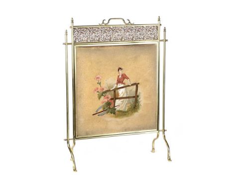 EDWARDIAN PIERCED BRASS FIRESCREEN WITH PAINTED CLOTH PANEL. RAISED ON ARCHED LEGS WITH PAD FEET.HEIGHT: 29 INCHES.WIDTH: 22 