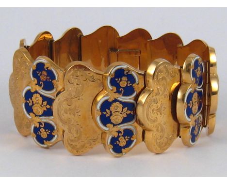 A fine antique 15 carat gold blue and white enamel bracelet, approx. 19cm long, 3.5cm wide, 52.2 gms, in original antique fit