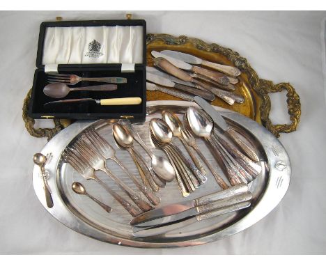 A quantity of silver plate flatware and two trays, together with a Georgian silver saltspoon, c.1780 (AF).