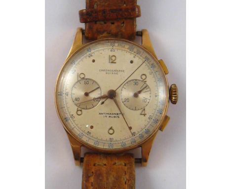 A Swiss hallmarked 18 carat gold chronograph wristwatch, 17 jewel antimagnetic movement unsigned, case approx 38mm wide.