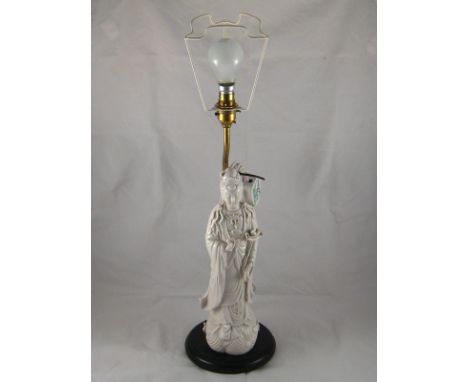 A table lamp formed with a blanc de chine serene Buddha figure. Heights, figure 34cm. , overall 60cm. 