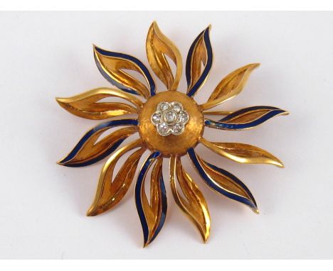 A yellow metal (tests 18 carat gold) diamond and enamel brooch, approx. 4.5cm, 13.5 gms.
