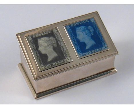 A silver double stamp box, the penthouse lid with facsimile Victorian postage stamps, Birmingham, 2006.5.5x3.2.5cm.  