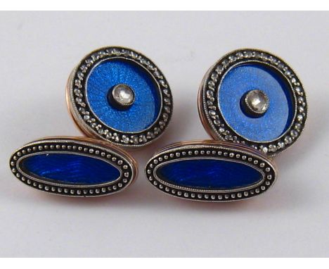 A pair of Russian hallmarked 56 standard (approx. 14 carat) gold, rose cut diamond and enamel cufflinks, approx. 16mm diamete
