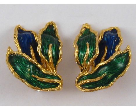 Kutchinsky . A fine pair of 18 carat gold and enamel clip earrings, hallmarked London 1969,  signed Kutchinsky and with their