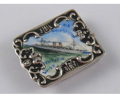 An American silver stamp box, marked Sterling, with hand  enamelled view of the Steamer  "S.S Prinzessin Victoria Luise". wit