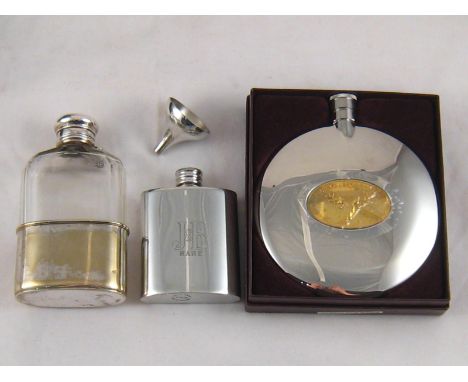 A silver plate mounted facet cut glass spirit flask with cup, together with a plated Dalvey sporran flask and a Justerini & B