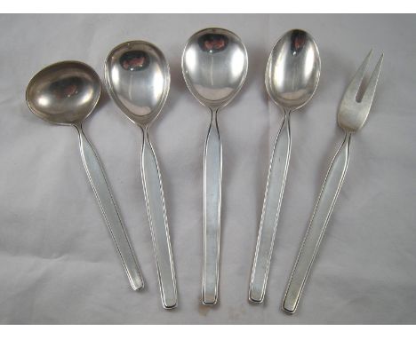 Five German 800 assay silver serving pieces, being a pair of salad servers, a pair of serving spoons and a sauce ladle by Wil