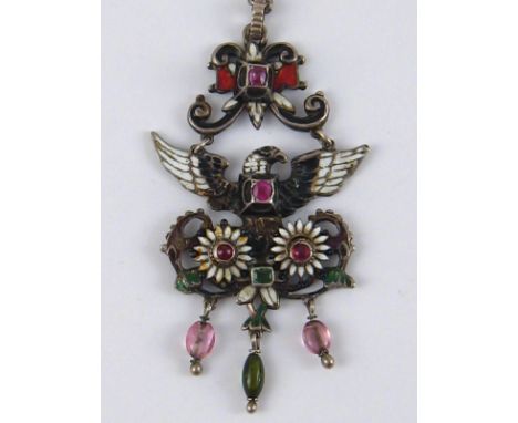 An antique European silver , enamel and stone set eagle pendant, probably Austro Hungarian, approx. 8cm drop, on an untested 