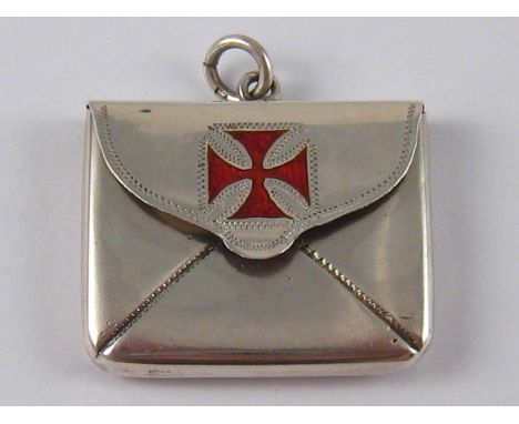 A silver envelope type stamp case with suspension ring, the flap with enamel Maltese cross, Crisford & Norris, Birmingham, 19